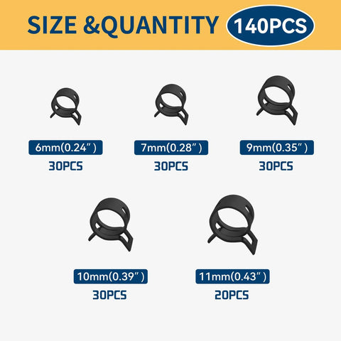Assorted Spring Hose Clamps Kit 6mm 7mm 9mm 10mm 11mm for automotive fuel air water silicone vacuum hoses, sizes and quantities shown