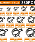 380 Pcs 6 To 22 Mm Spring Hose Clamps Kit 12 Sizes Black Fuel Line Clamps shown with quantity for each size