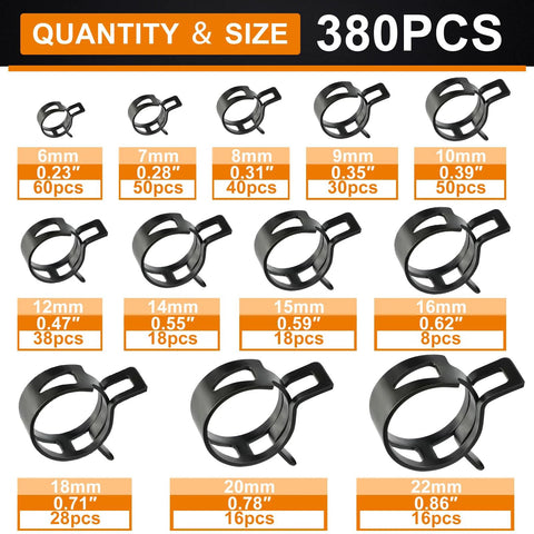 380 Pcs 6 To 22 Mm Spring Hose Clamps Kit 12 Sizes Black Fuel Line Clamps shown with quantity for each size