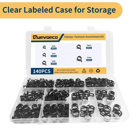 Assorted Spring Hose Clamps Kit 6mm 7mm 9mm 10mm 11mm for automotive fuel air water silicone and vacuum hoses in storage case