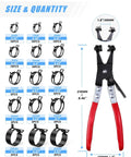 100 Piece 6 To 25mm Spring Hose Clamps Assortment Kit with size chart and swivel flat hose clamp plier shown.