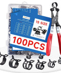 100 Piece 6 To 25mm Spring Hose Clamps Assortment Kit with swivel flat plier, durable steel for automotive and DIY use, 15 sizes shown