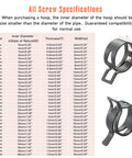 12 Pack 1.1 Inch 28mm Spring Band Hose Clamps With Constant Tension Auto Fuel Line Silicone Vacuum Hose Steel Clamp shown with size chart