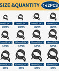 142-Piece Spring Hose Clamps Set For Automotive Projects, 6mm To 20mm Range, hose clamps sizes displayed in grid