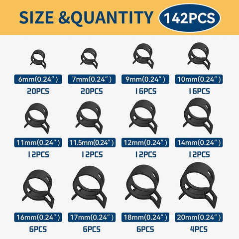 142-Piece Spring Hose Clamps Set For Automotive Projects, 6mm To 20mm Range, hose clamps sizes displayed in grid