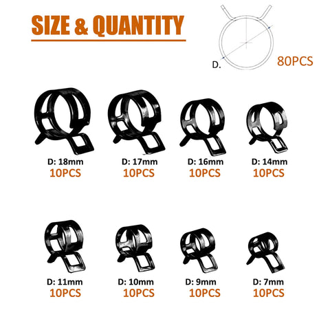 80Pcs Spring Band Hose Clamps Set 7mm To 18mm Low Pressure Vacuum Hose Clips sizes and quantities chart