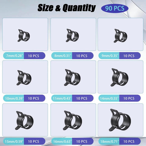 Chart showing sizes of black spring clamps from 7mm to 18mm, part of the 90Pcs 6-25mm Spring Hose Clamps Kit For Auto Gearheads.