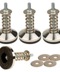 Split Type Heavy-Duty Spring Isolator Floor Standing Base for Workbenches and Machines, 3.15 Inch Diameter Base, M10 Thread, 1500 Lb Capacity, Four-Piece Set, showing metal springs and washers.