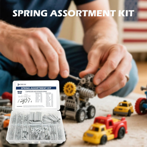 Man assembling toys with Spring Bundle Kit With 400 Pieces Across 20 Sizes Of Compression And Extension Springs Zinc Plated Steel