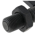 Close-up of a spring loaded latch pin with lock nut indexing plunger M16x10mm, showing detailed threading and carbon steel body in black finish.