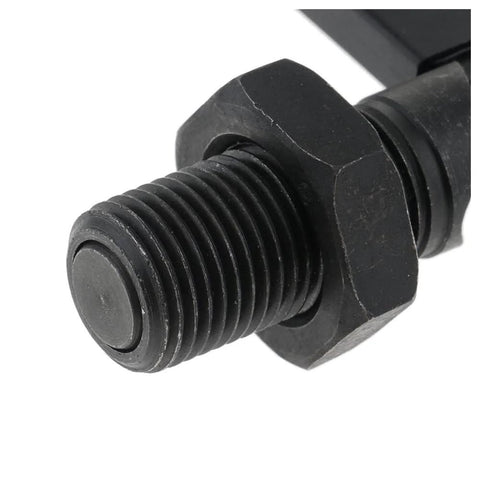 Close-up of a spring loaded latch pin with lock nut indexing plunger M16x10mm, showing detailed threading and carbon steel body in black finish.