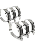 Set of six spring-loaded stainless T-bolt clamps for 4 inch hoses, featuring trunnions and zinc plating, SAE 108, 300 series band.
