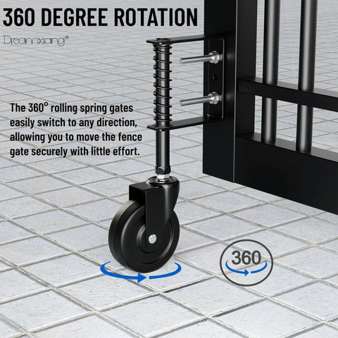 Four Inch Spring Loaded Caster Wheel Set For Gates And Fences, Heavy Duty Rubber Wheel With 360 Degree Rotation installed on metal gate.