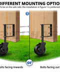 Spring Loaded Gate Caster Wheel With Bearing For Outdoor Gates and Fences Heavy Duty 360 Degree Swivel Gate Wheel installed on wooden gates with two mounting options, bolts facing inwards or outwards.