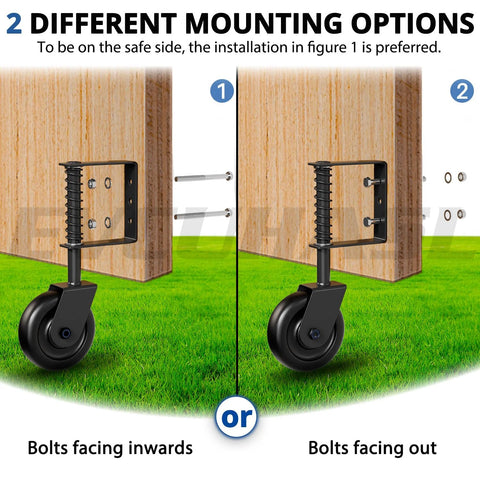 Spring Loaded Gate Caster Wheel With Bearing For Outdoor Gates and Fences Heavy Duty 360 Degree Swivel Gate Wheel installed on wooden gates with two mounting options, bolts facing inwards or outwards.