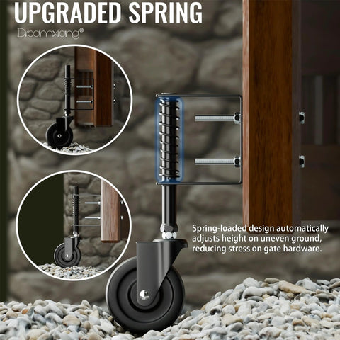 Four Inch Spring Loaded Caster Wheel Set for Gates and Fences installed on wooden gate, demonstrating its spring-loaded design and 360 degree rotation.