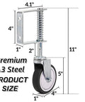 2 Pack Spring Loaded Gate Casters For Wooden And Metal Gates, 4 Inch Heavy Duty Gate Wheels With 360 Degree Swivel, Universal Mount Plate shown in dimensions.