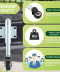 Spring Loaded Gate Caster Set Of Two With Two And A Half Inch PU Swivel Wheels Four Hole Mounting Plate Heavy Duty Farm Gate Rollers, focus on single caster with text features.