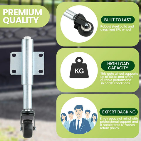 Spring Loaded Gate Caster Set Of Two With Two And A Half Inch PU Swivel Wheels Four Hole Mounting Plate Heavy Duty Farm Gate Rollers, focus on single caster with text features.