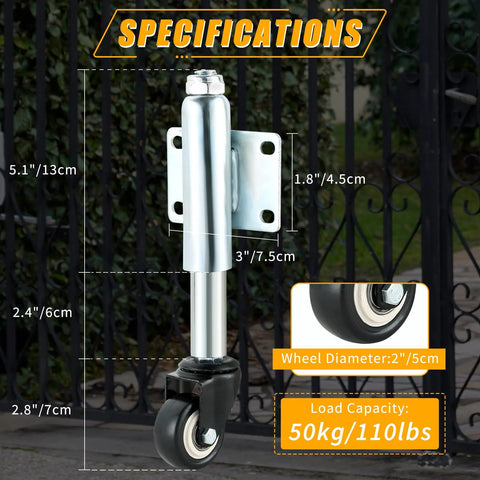 Specifications of 2 Inch Spring Loaded Gate Caster Set Of 2 With TPU Wheels, showing dimensions, load capacity, and design features.