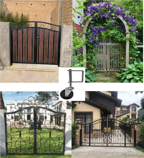 Gate Caster Wheel For 4 Inch And 5 Inch Heavy Duty Spring Loaded Gate Caster With Adjustable Bracket in use on various gates.