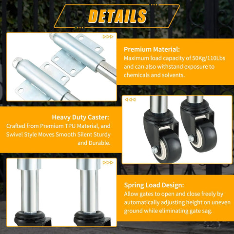 2 Inch Spring Loaded Gate Caster Set Of 2 With TPU Wheels, Heavy Duty Gate Rollers, Detail View Showing Materials and Features