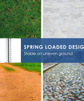 Image showing spring-loaded design of gate casters stable on various surfaces like grass, concrete, dirt, and stones.