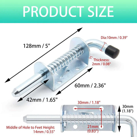 2 Pack 5 Inch Spring Loaded Gate Latch Pin Heavy Duty Barrel Bolt Spring Latch For Cabinets Sheds Trailers And Equipment Chrome Finish Weather Resistant Rust Proof Steel Construction with product size measurements