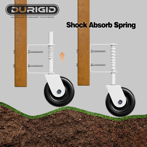 4.3 Inch Spring Loaded Gate Wheel Caster for Outdoor Gates shown installed, highlighting shock-absorbing spring for uneven ground.