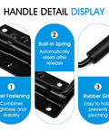 Detail view of Two Pack Heavy Duty Spring Loaded Surface Mount Handles for tool boxes, showing rivet fastening, built-in spring, rubber grip.