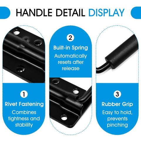 Detail view of Two Pack Heavy Duty Spring Loaded Surface Mount Handles for tool boxes, showing rivet fastening, built-in spring, rubber grip.