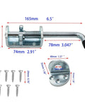 Heavy Duty 6.5 Inch Spring Loaded Latch Pin Sliding Barrel Bolt Door Lock with dimensions and screws included.