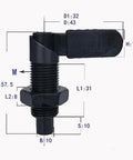Diagram of Spring Loaded Latch Pin With Lock Nut Indexing Plunger M16x10mm for quick release, showing detailed dimensions and design.