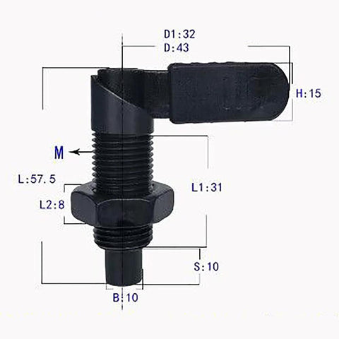 Diagram of Spring Loaded Latch Pin With Lock Nut Indexing Plunger M16x10mm for quick release, showing detailed dimensions and design.
