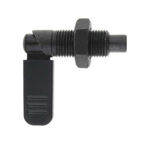 Side view of Spring Loaded Latch Pin With Lock Nut Indexing Plunger M16x10mm for quick release, carbon steel body, zinc finish.