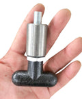 T knob Spring Loaded Pop Pin, zinc plated steel plunger with black plastic T-handle knob, held in hand for size reference.