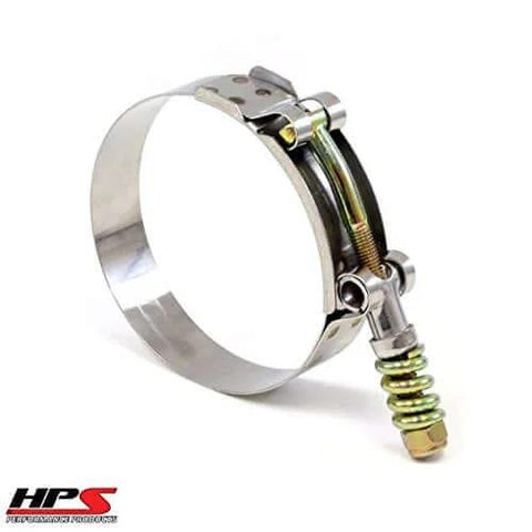 Front view of Six Spring Loaded Stainless Steel T Bolt Clamps SAE 108 For 4 Inch ID Hoses Effective Diameter 4.25 To 4.50 Inches