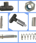 Various components of a T knob Spring Loaded Pop Pin Spring Loaded Zinc Plated Steel Plunger POP Pull Pin Tire Carrier Pin, including T-handle and spring.
