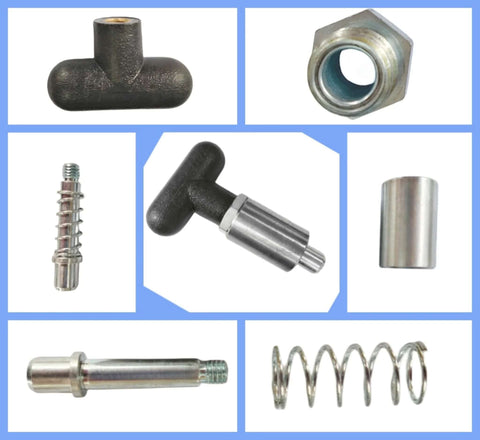 Various components of a T knob Spring Loaded Pop Pin Spring Loaded Zinc Plated Steel Plunger POP Pull Pin Tire Carrier Pin, including T-handle and spring.