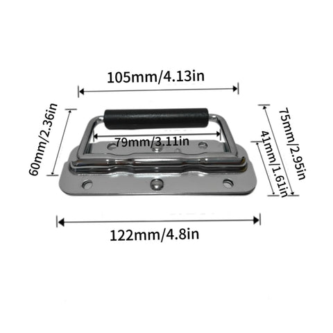 Two Pack Silver Spring Loaded Heavy Duty Handles with stainless steel construction and rubber grip, shown with measurements for toolboxes.