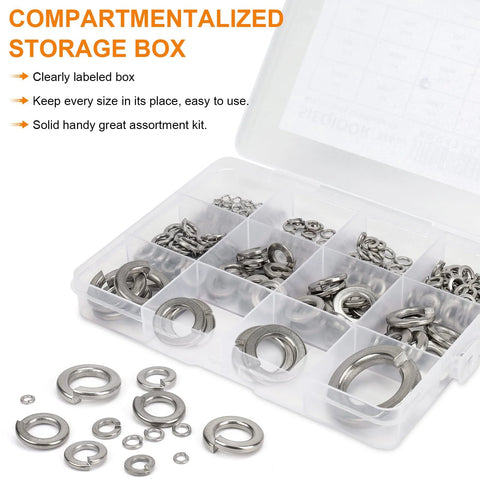 Spring Lock Washer Set SAE Four To Three Quarter Inch 304 Stainless Steel in labeled storage box
