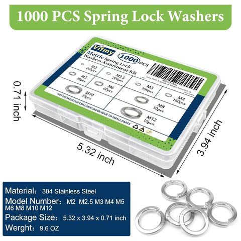 Image of Spring Lock Washers Assortment Kit 1000 Pack 304 Stainless Steel M2 To M12 with labeled packaging and dimensions