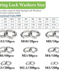 Spring Lock Washers Assortment Kit 1000 Pack 304 Stainless Steel M2 To M12 with size chart and washers