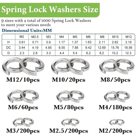 Spring Lock Washers Assortment Kit 1000 Pack 304 Stainless Steel M2 To M12 with size chart and washers