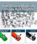 108 Piece Spring Pipe Clamp Set With Tools 9 Sizes 6 To 18mm Spring Hose Clamps For Automotive Marine Gardening And Industrial Applications silvery clamps displayed with hoses.