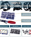 108 Piece Spring Pipe Clamp Set With Tools 9 Sizes From 6 To 18mm For Automotive Marine Gardening And Industrial Hose Interfaces Suitable For Repair And Maintenance In Vehicles Boats Farms And Factories, showing clamps, box, and tool.