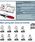 108 Piece Spring Pipe Clamp Set With Tools 9 Sizes 6 To 18mm Spring Hose Clamps For Automotive Marine Gardening And Industrial Applications shown with installation tool and size chart