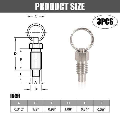 Spring Plungers With Pull Ring Set 3 Pack 1/2-13 Thread 0.312 In Pin 0.56 In Thread Length Stainless Steel product size diagram