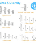Size and quantity chart for various spring dimensions, 390 pieces total, with measurements in mm