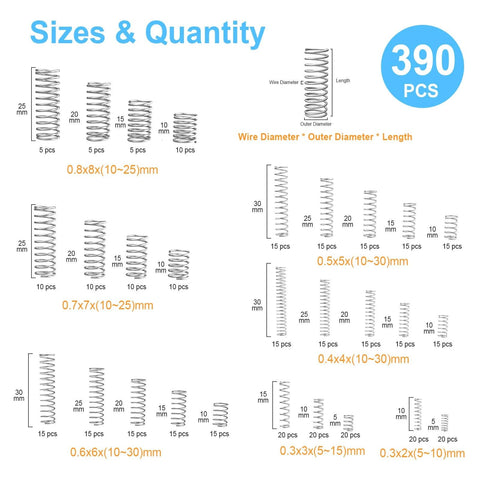 Size and quantity chart for various spring dimensions, 390 pieces total, with measurements in mm